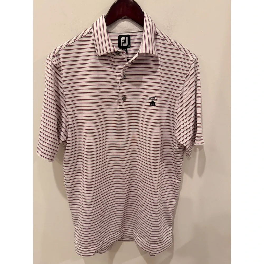 FootJoy FJ Golf Polo Shirt Men's Large White Purple Stripe Performance Stretch